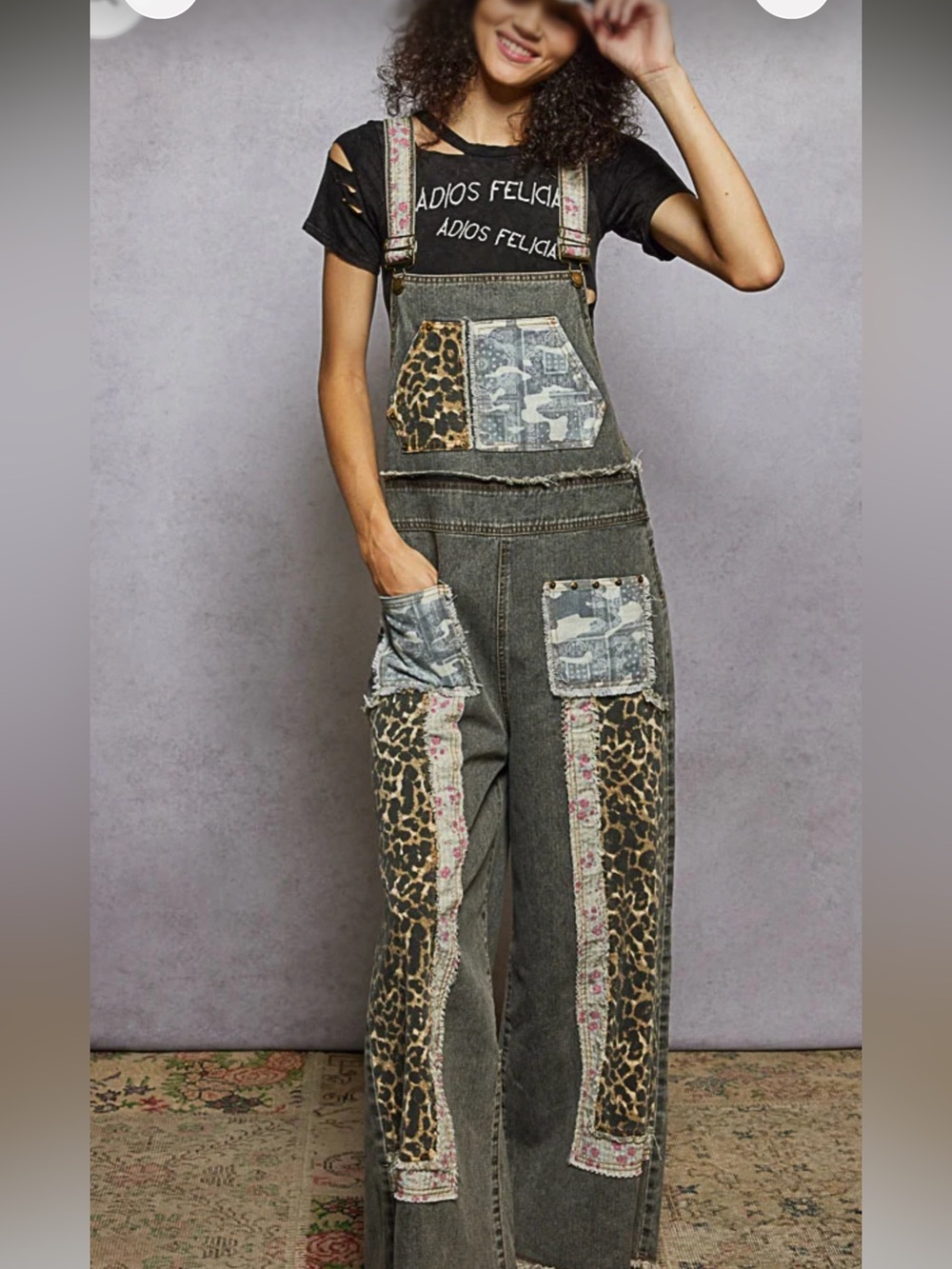 POL Black Patchwork Women's Denim Overalls with Camo & Leopard Panels